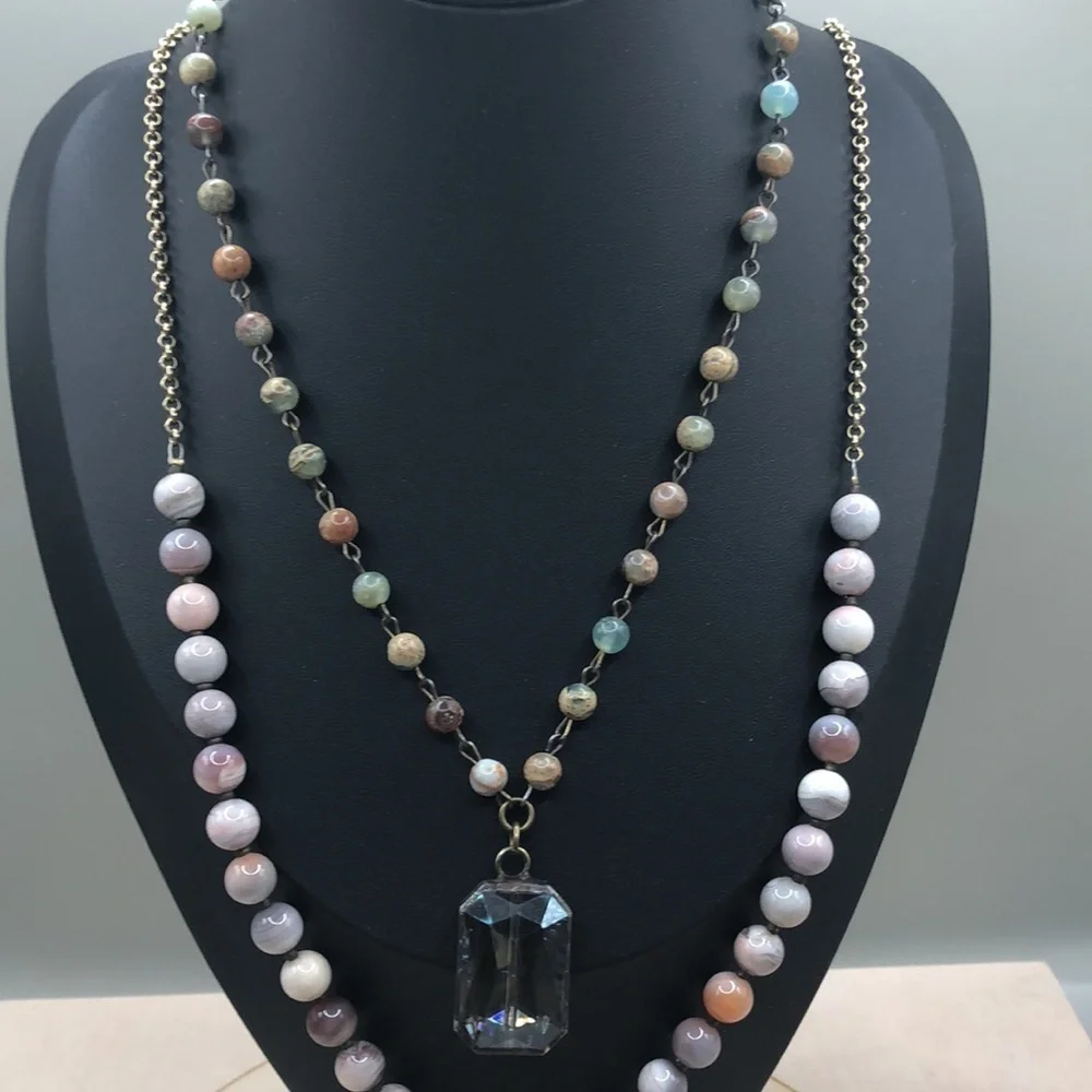 Curated bundle 2 stone/gemstone boho statement style necklaces.